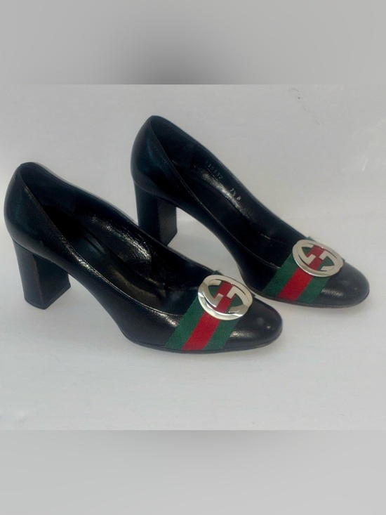 Gucci Shoes - Gucci Marmont GG Logo Web Stripe Heels Black Leather Block Heel Pumps Size 7.5 M